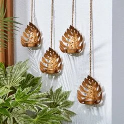 Set Of 4 Hanging Gold Leaf Outdoor LED Tealights -Home Lighting Store 30864586 alt01